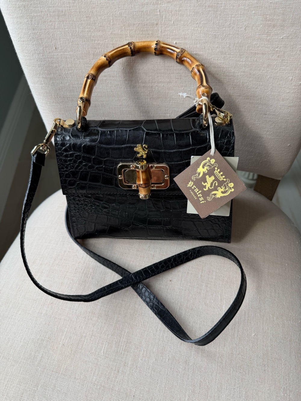 Italian Firenze Genuine Leather Croc Embossed Bamboo Handbag – Black & Gold